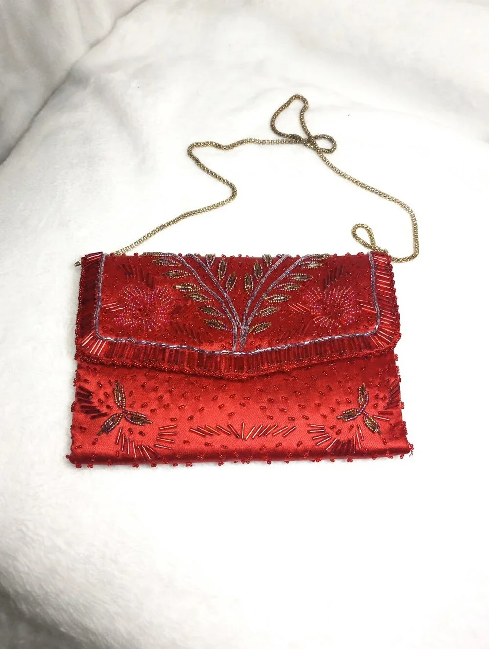 Crimson  Satin Embroidered Beaded Shoulder Evening Clutch Romantic Dramatic Bag